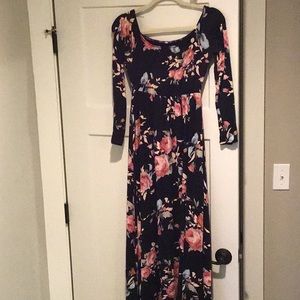 Pinkblush maternity off shoulder maxi dress size M rose print/navy